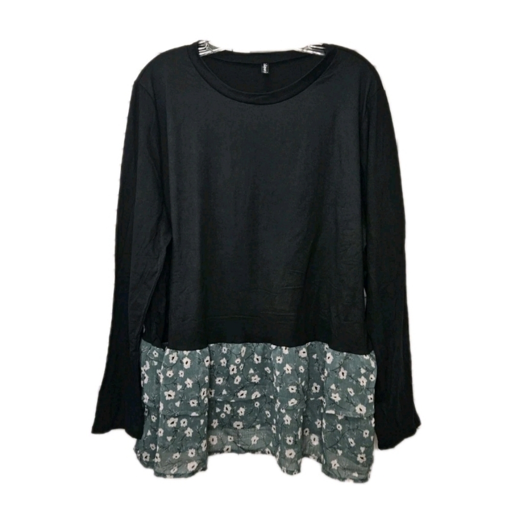 1Clique Black & Green Long Sleeve Blouse Floral Ruffle Bottom Plus Size 2X NEW